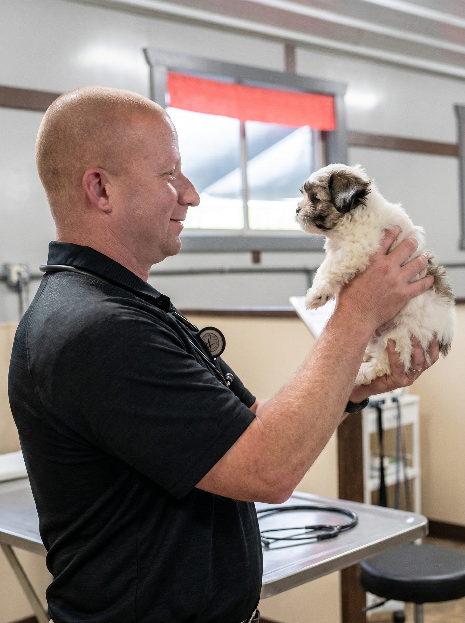 Licensed veterinarian conducting independent medical evaluation for a Fairfield Furbabies breeder