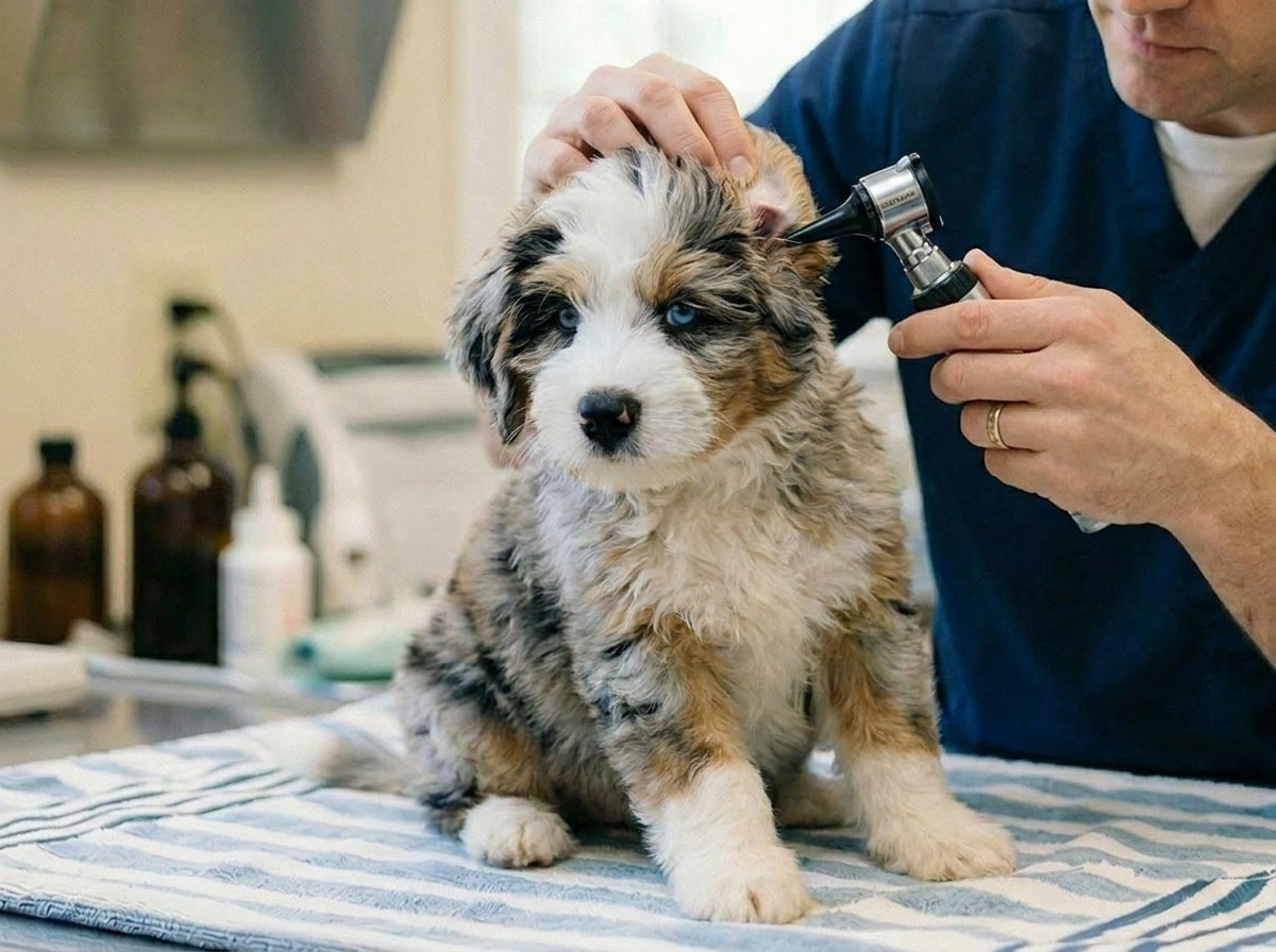 Veterinarian performing a pre-placement nose-to-tail examination on a Fairfield Furbabies puppy