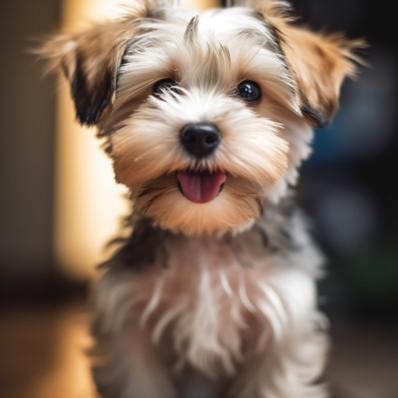 Content Morkie puppy lounging in the house Content Morkie puppy